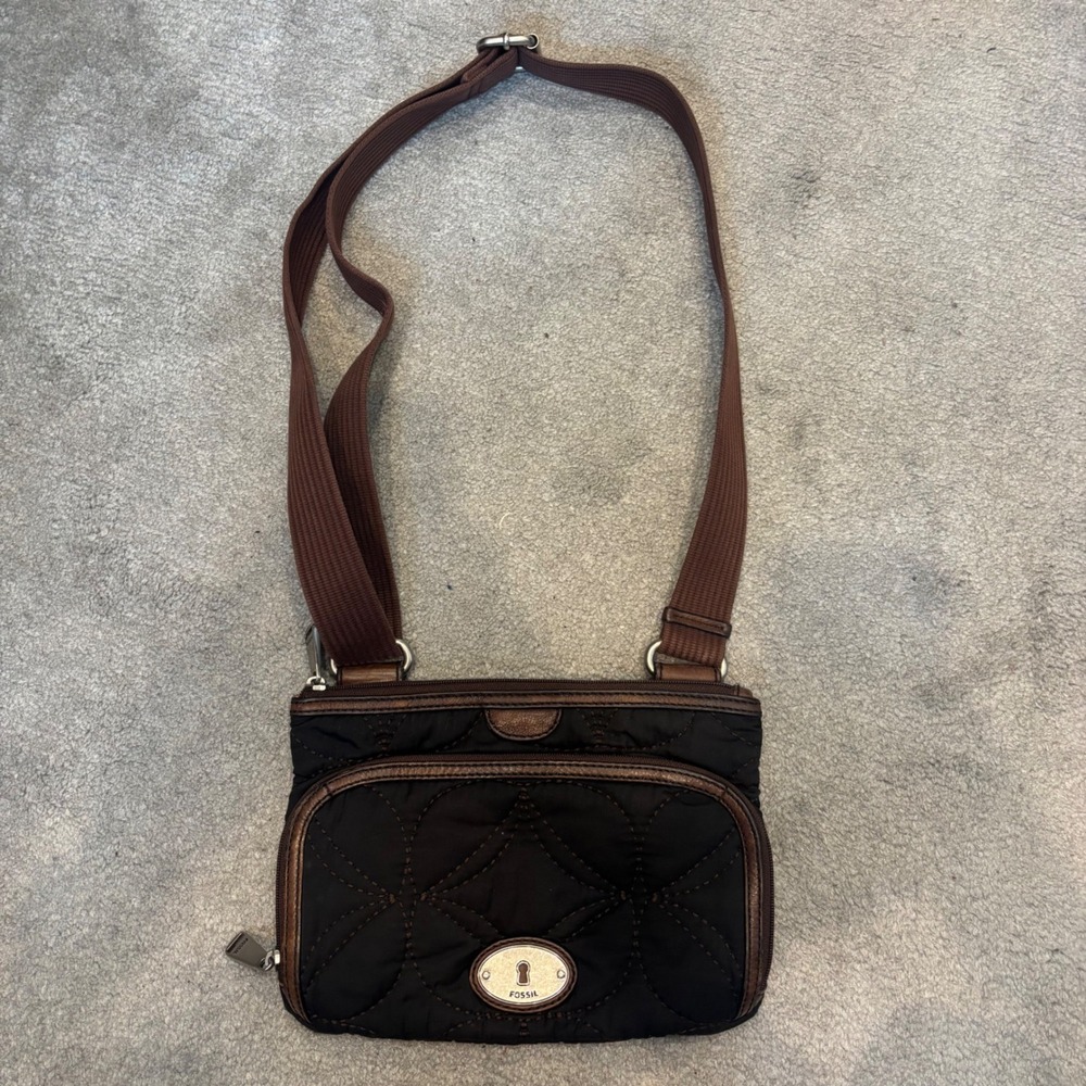 Fossil Key-Per Quilted Nylon Crossbody Bag Brown Leather Trim